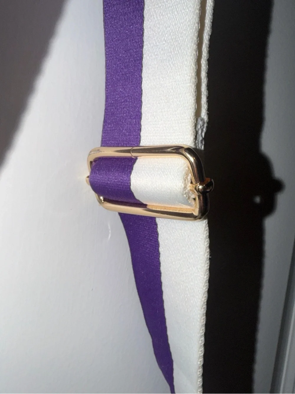 White Quilted Crossbody Bag with Contrast Purple-Trim Strap
